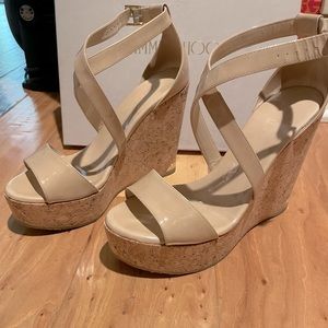 Jimmy Choo | Portia 120 Patent Leather Wedges in Nude